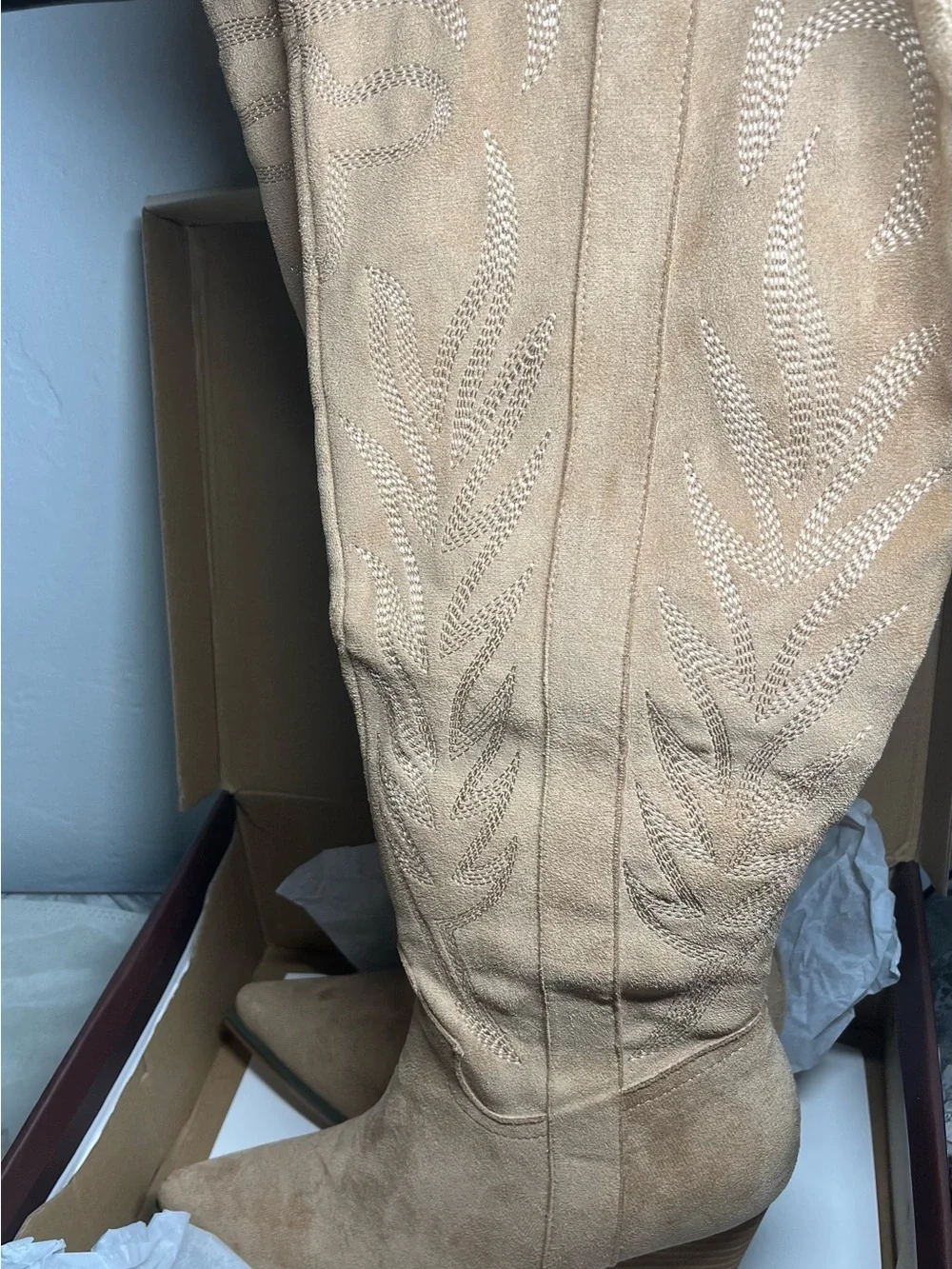 Over-the-Knee Beige Suede Western Boots